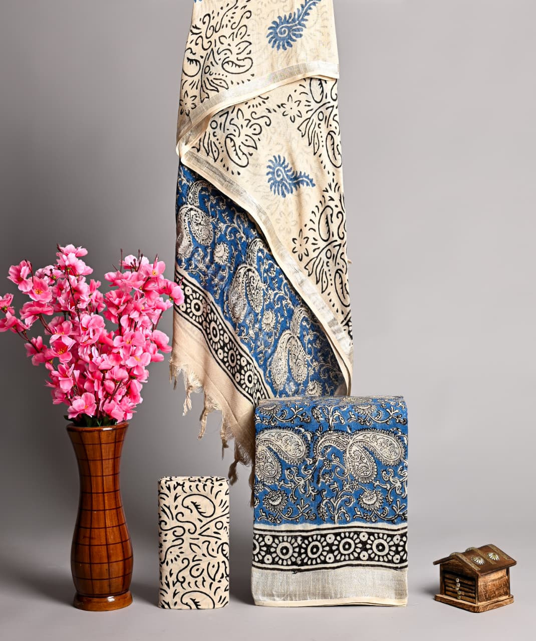 Blue and White Hand Block Printed Paisley Cotton Linen Unstitched Suit Material Set