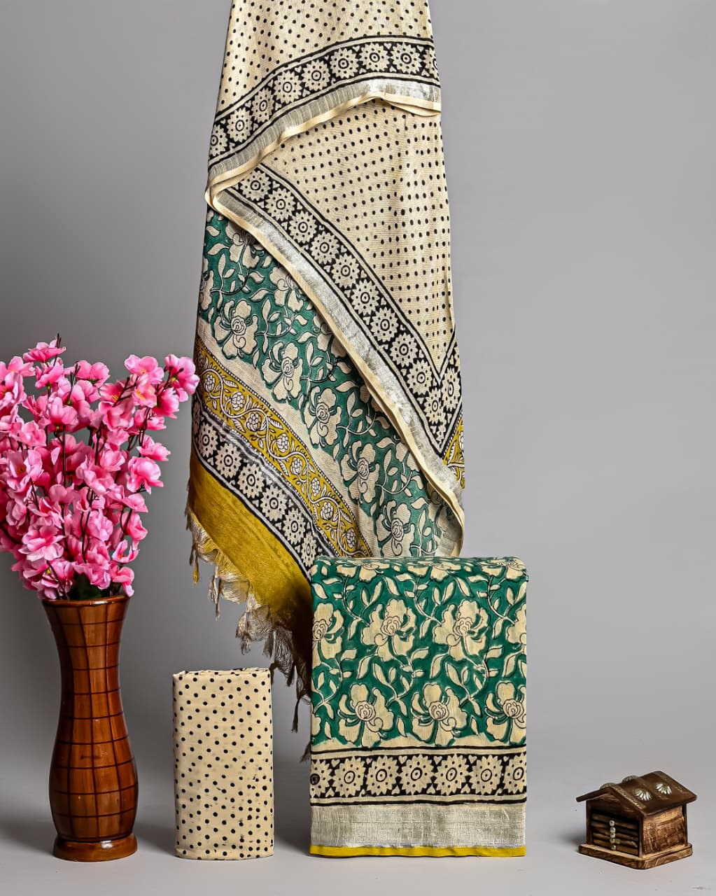 Dark Olive Green Tissue Silk Handblock-Print Dupatta with Silver Border