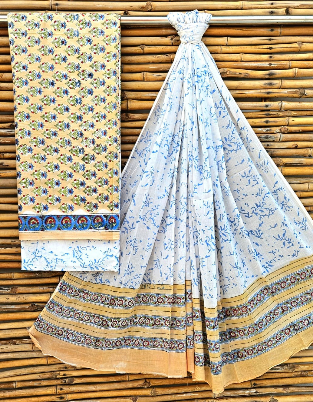 Vibrant Yellow and Blue Hand Block Print Cotton Suit Set