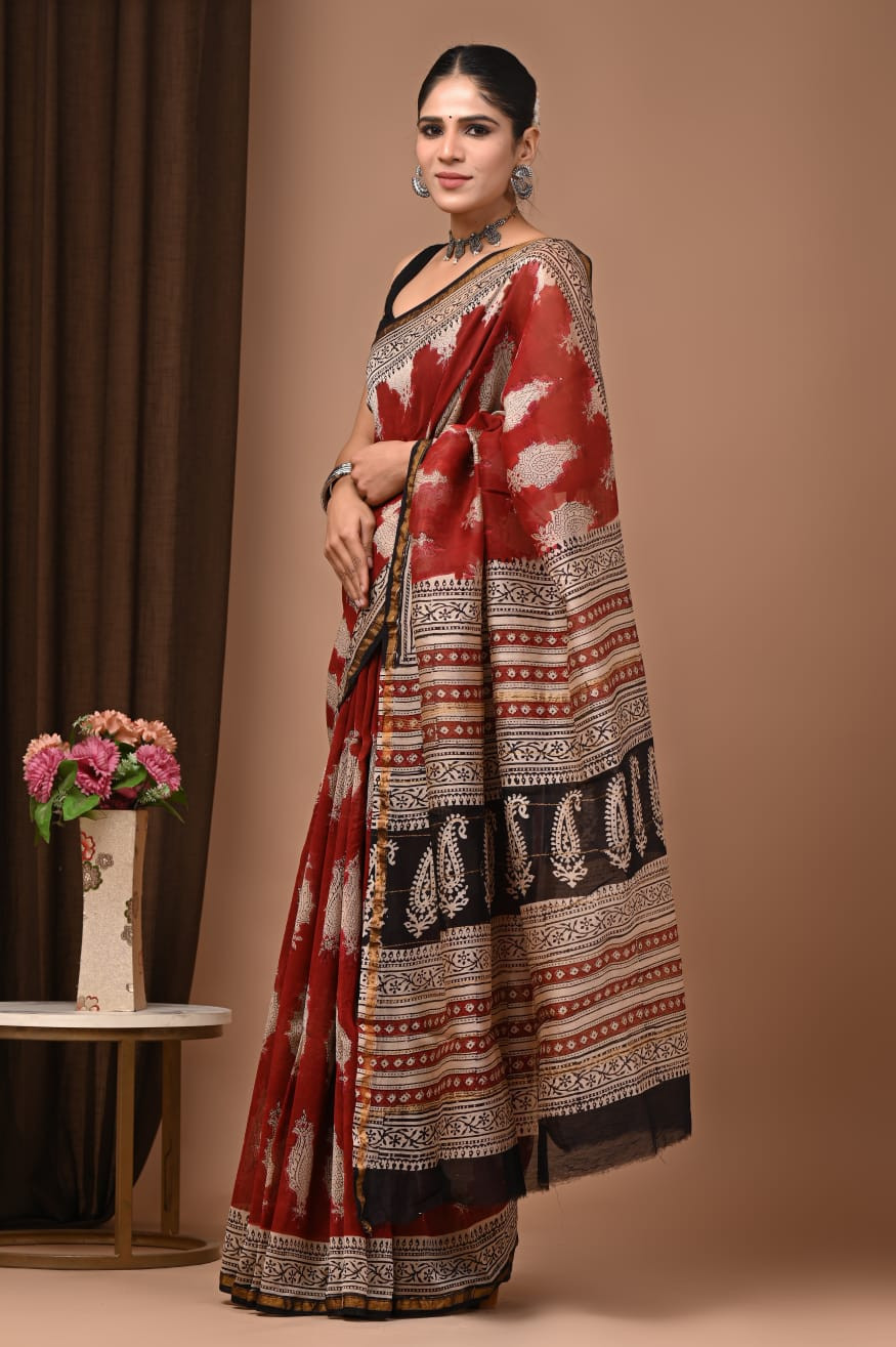 "Narmada Ruby" Hand Block Printed Maheshwari Silk Saree with Blouse