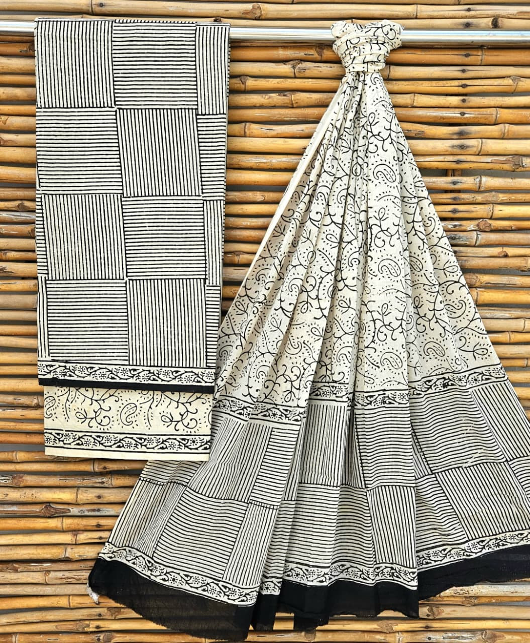Rustic Black and White Hand Block Print Cotton Suit Set