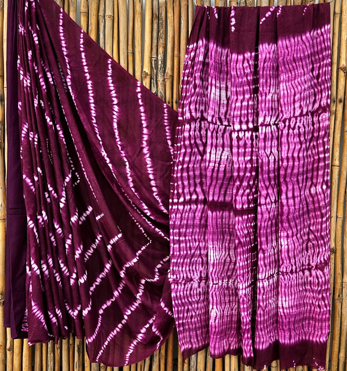 Purple & Magenta Shibori Hand-Dyed Mulmul Cotton Saree with Blouse (6.5 Meters, 92*80, 100% Pure Cotton Fabric)
