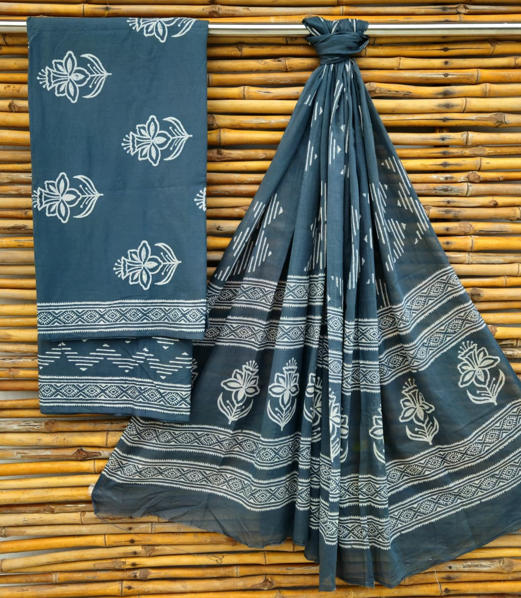 Elegant Grey Hand Block Print Cotton Suit Set