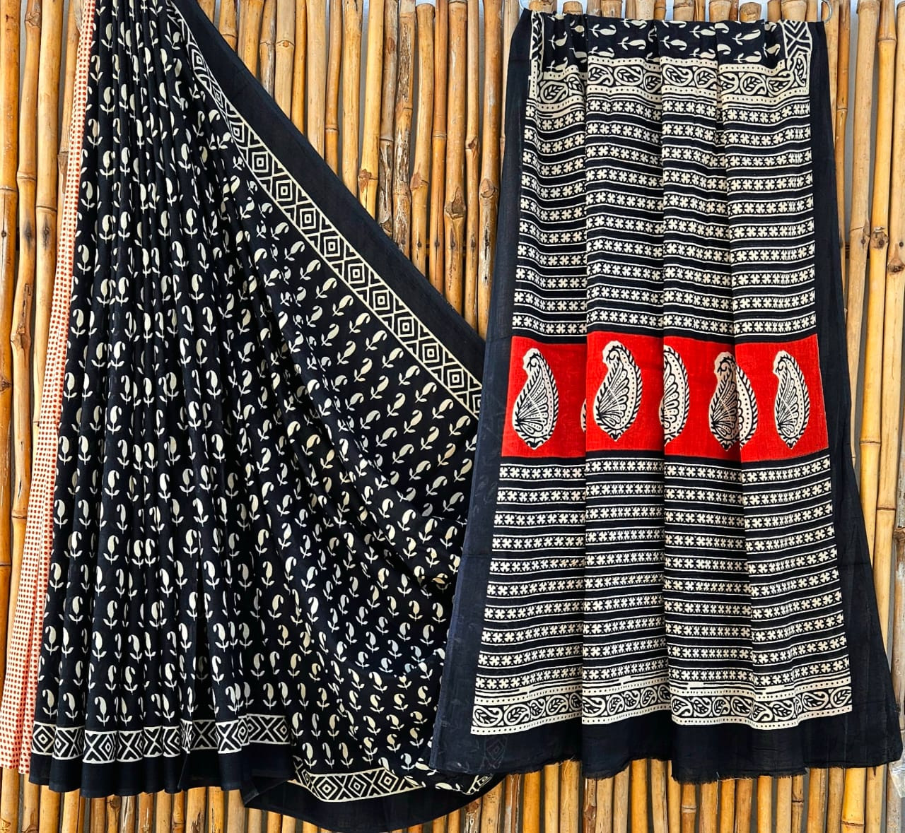 Black & Red Kalamkari Hand-Block Printed Mulmul Cotton Saree with Blouse (6.5 Meters, 92*80, 100% Pure Cotton Fabric)