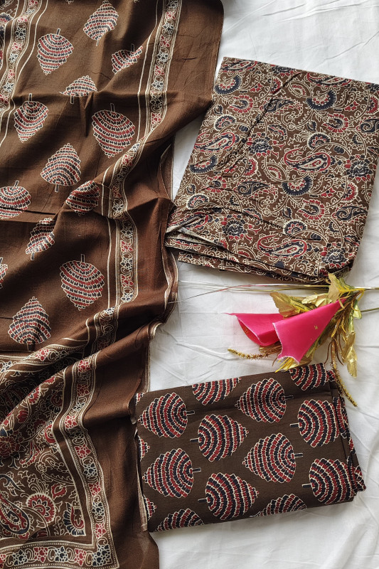 Brown  Printed Pure Cotton Cotton Unstitched Suit Set for Women 2.5 Mtr Top, 2.5 Mtr Bottom, and 2.5 Mtr Dupatta