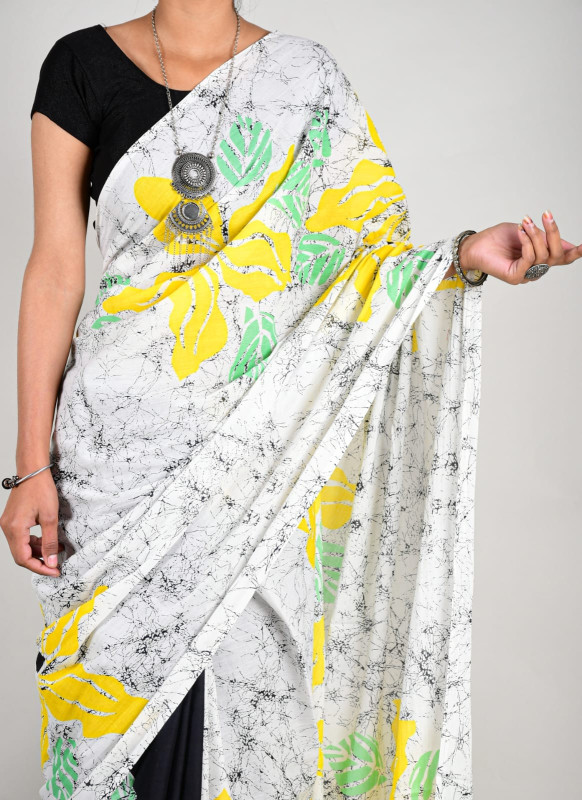 White and Yellow Floral Cotton Mulmul Saree