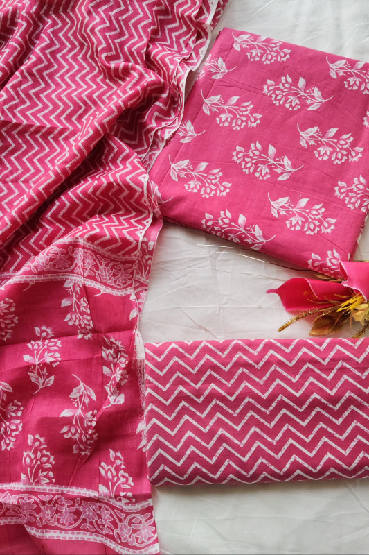 Fuchsia Pink Hand Block Print Cotton unstitched suit  Material for Women 2.5 Mtr top and 2.5 Mtr Bottom  and  2.5 Mtr Dupatta