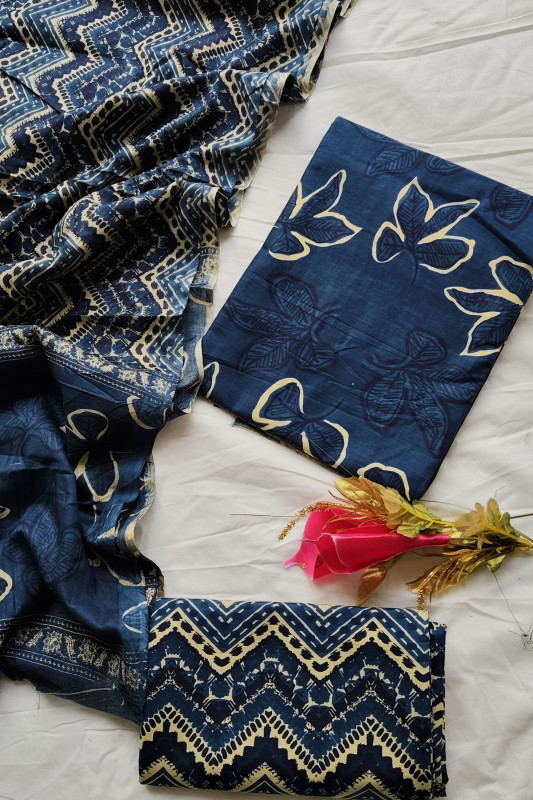 Dark blue Hand Block Print Cotton unstitched suit  Material for Women 2.5 Mtr top and 2.5 Mtr Bottom  and  2.5 Mtr Dupatta