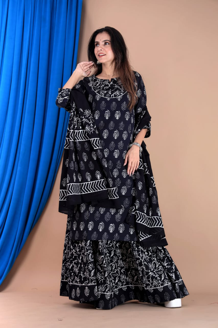 Black & White Hand Block Print Cotton Kurta & Sharara Set with Dupatta