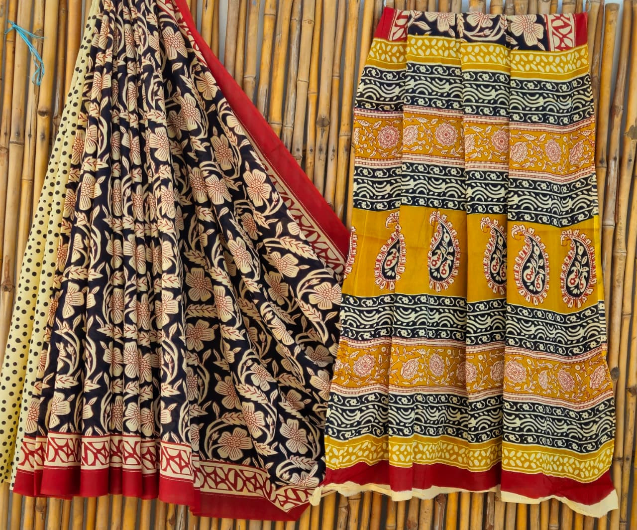 Black & Mustard Yellow Kalamkari Hand-Block Printed Mulmul Cotton Saree with Blouse (6.5 Meters, 92*80, 100% Pure Cotton Fabric)