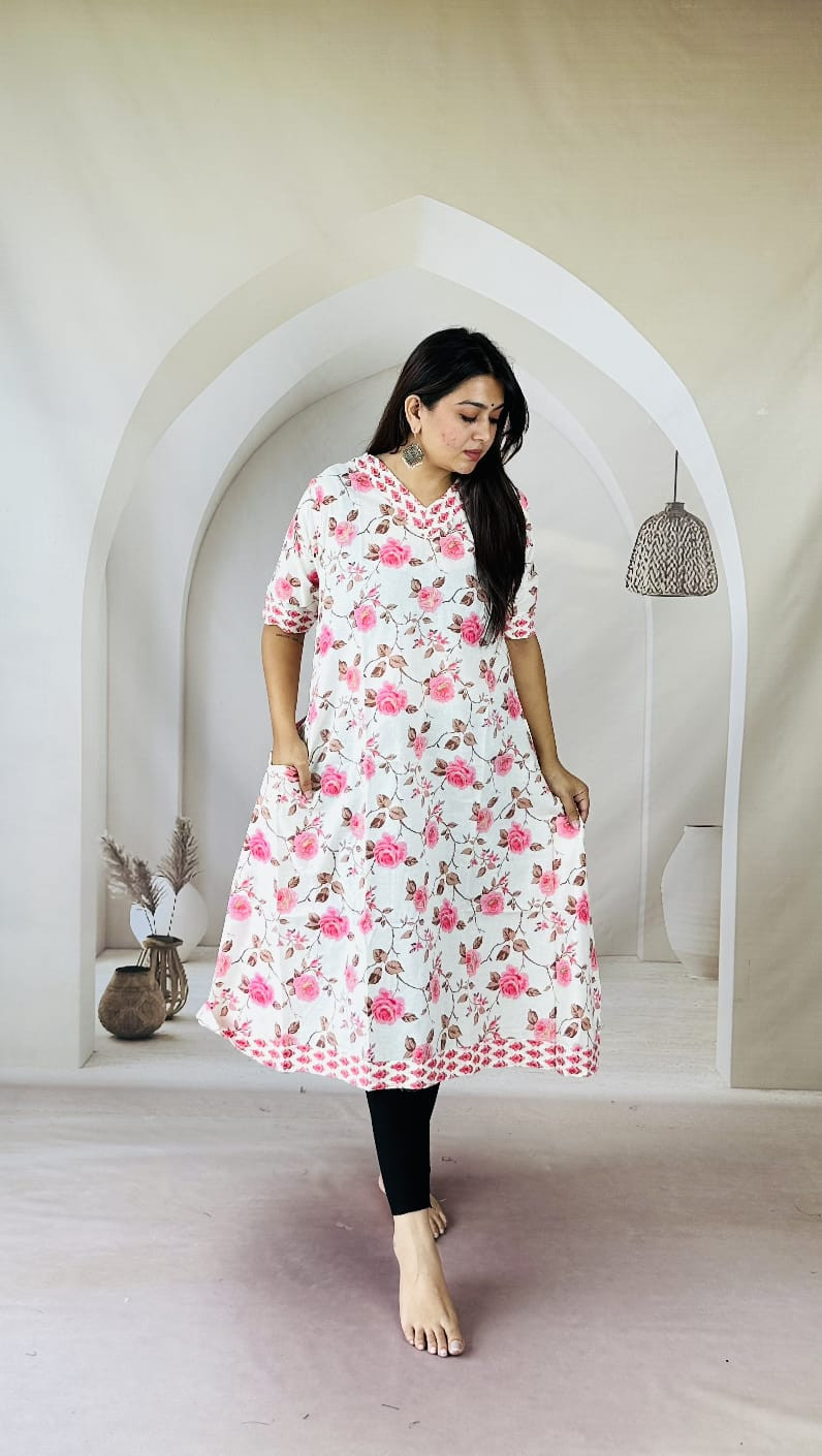 White and pink floral print cotton  kurti