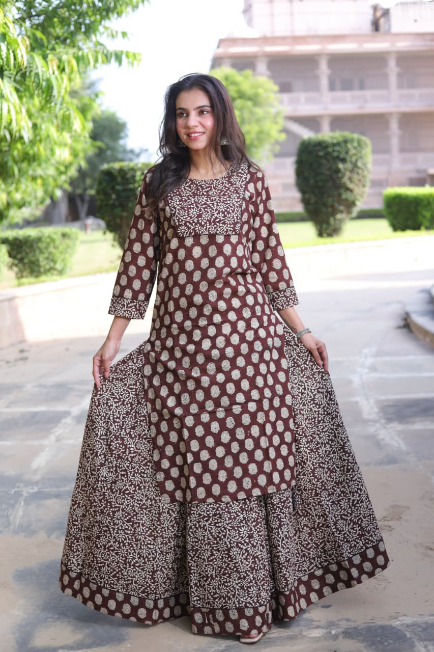 Women's Maroon & Beige Block Print Cotton Kurta Skirt Set