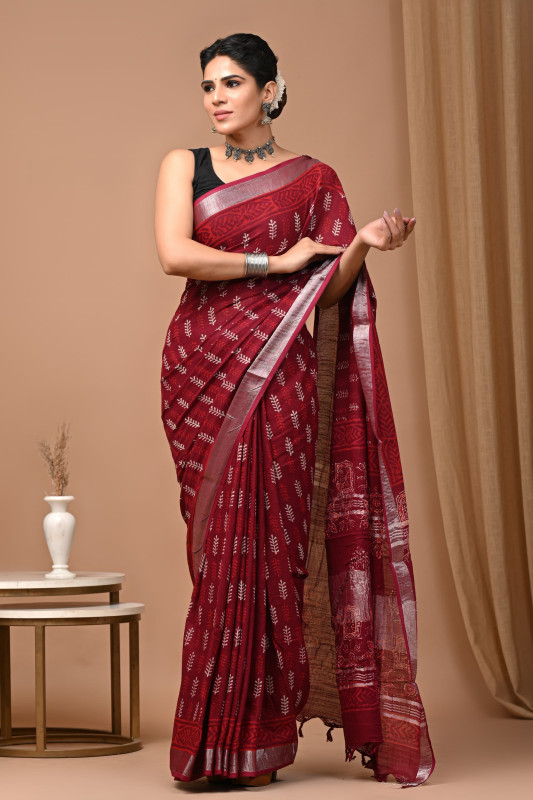 Maroon Hand Block Printed Linen Saree with Silver Border