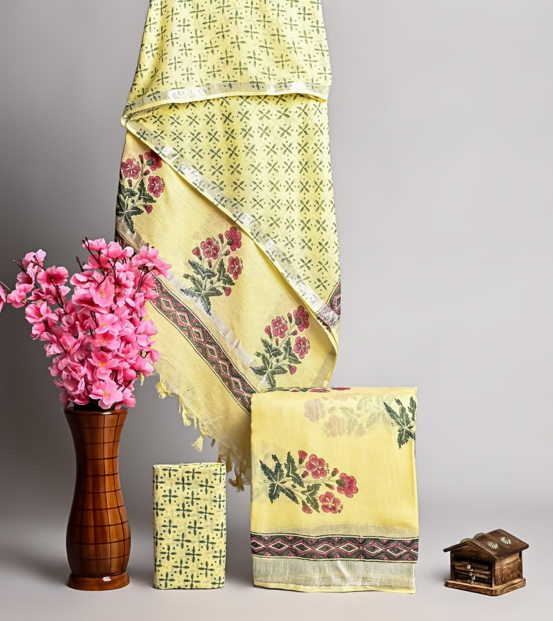 Yellow Hand Block Printed Linen Cotton Unstitched Suit
