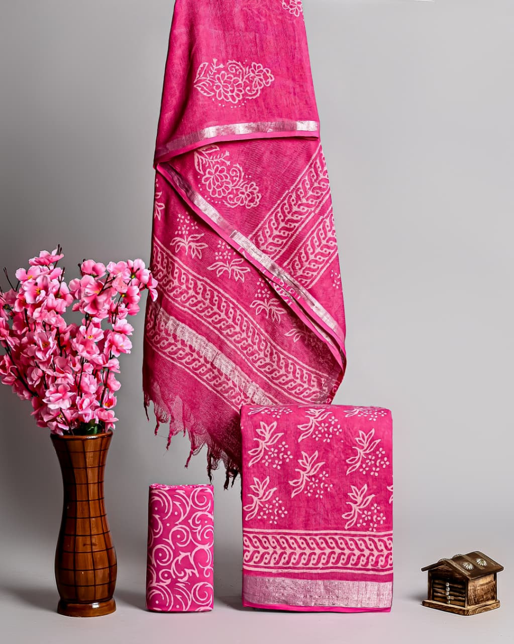 Pink Bagru Hand Block Printed Linen Suits With Zari Border