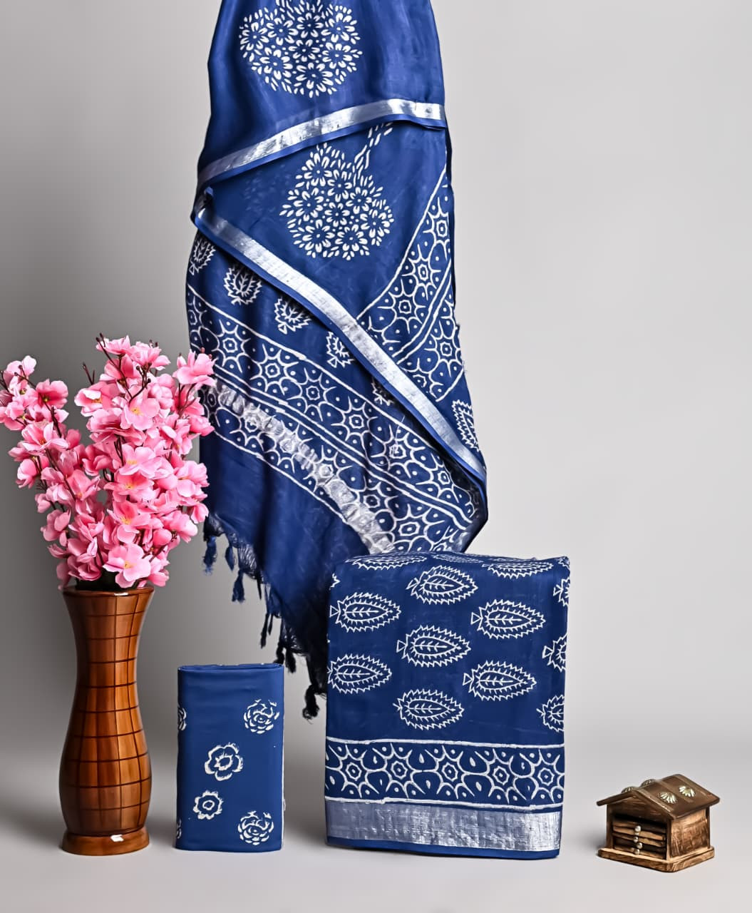 Navy Blue Hand Block Printed Cotton Suit with Kota Doria Dupatta