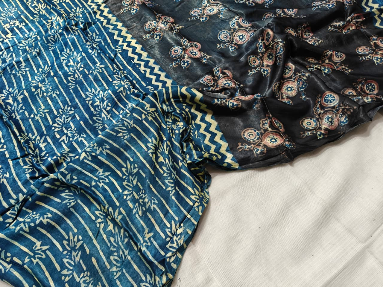 deep blue Ajrakh Hand Block Printed Modal Silk Saree with printed blouse