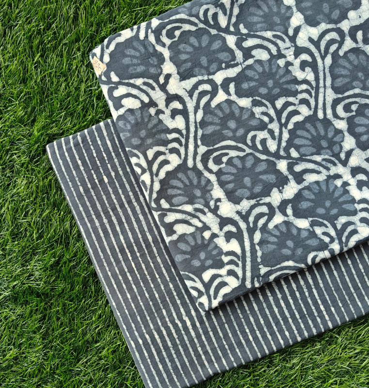 Taupe Grey & Off-White 'Leafy Cluster & Stripe' Hand-Block Bagru Dabu Print Cotton (60/60) Cambric Suit Set – Top 2.50 MTR + Bottom 2.50 MTR