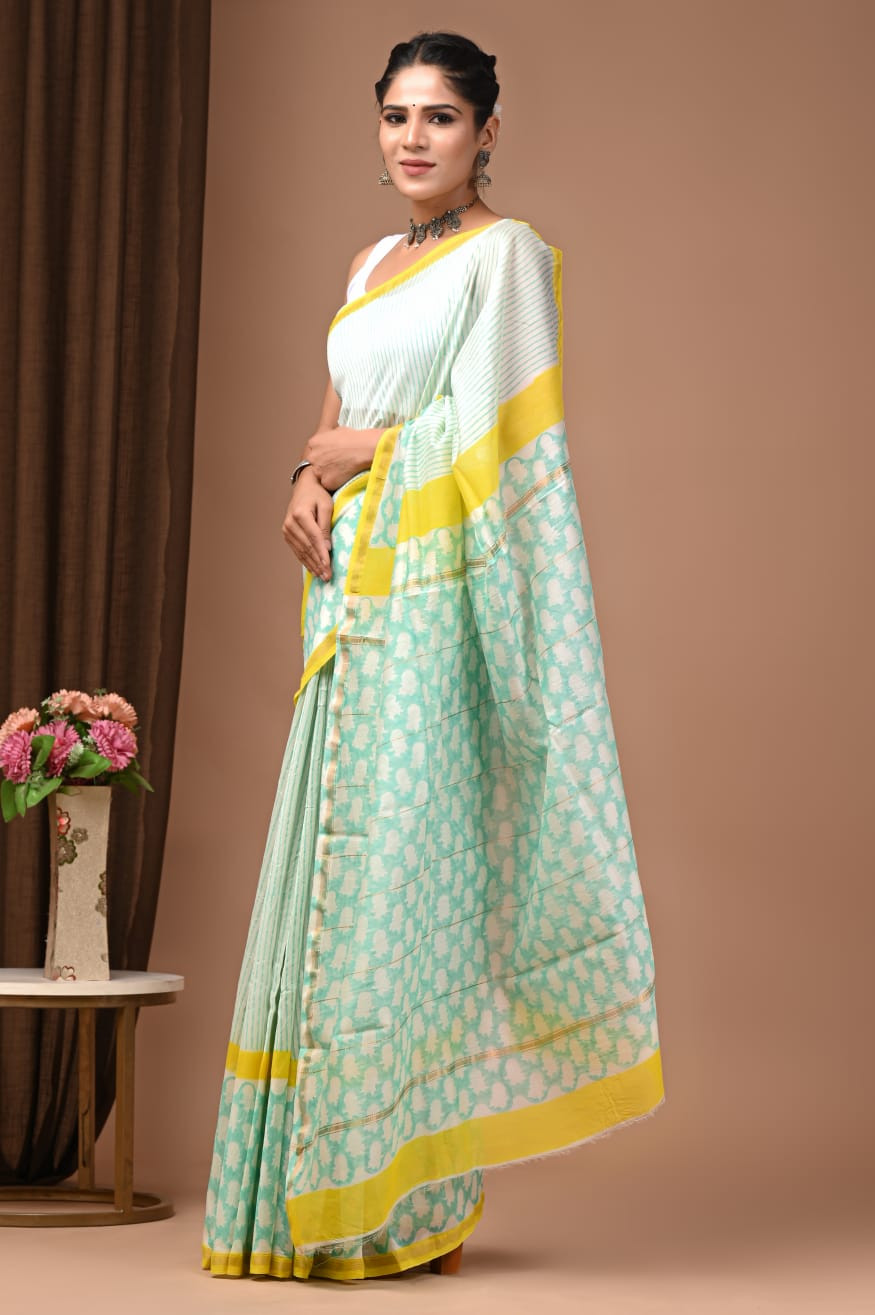 Mint Meadows: Hand-Block Printed Cotton Saree in Mint Green & Yellow