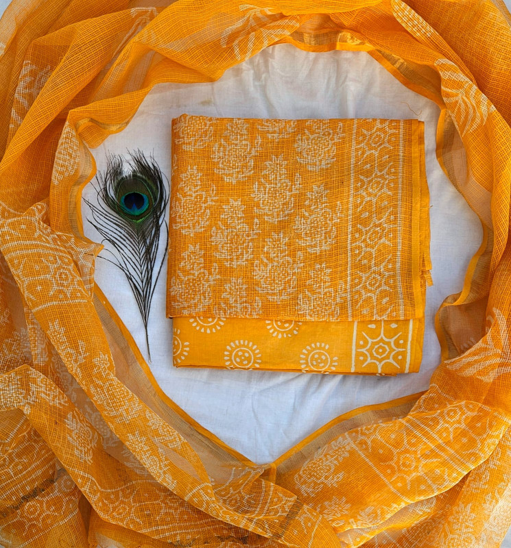 safforn and Silver  Handblock Printed Cotton Kota Doria Unstitched Suit 2.5m top & dupatta and 2.5m cotton cambric bottom