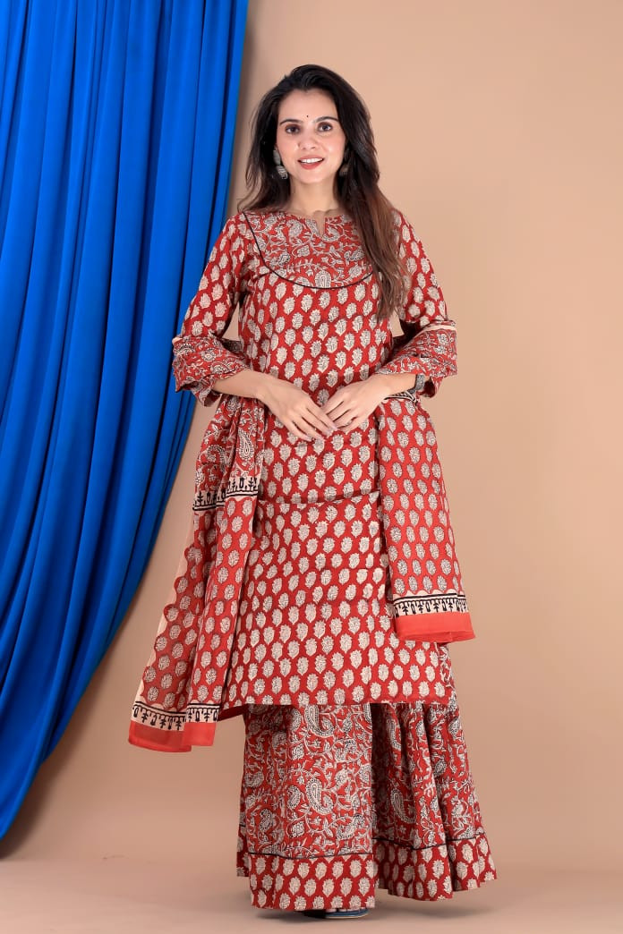 Red and White Hand Block Printed Designer Long Kurta & Sharara with Dupatta.