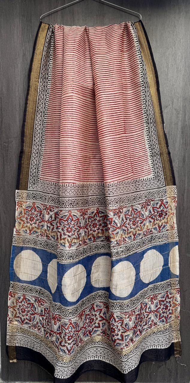 Dusty Rose Pink & Indigo Blue Hand Block Printed Maheshwari Silk Saree with Blouse