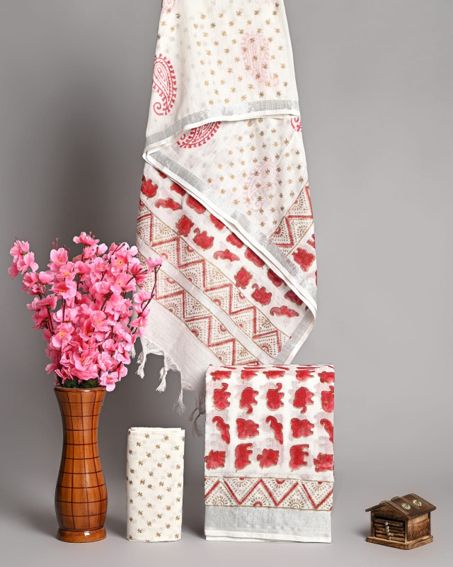 white, red Hand block printed  cotton unstitched suit material with silver border.
