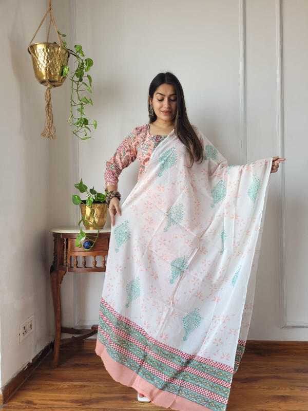 white cotton block-printed kurta set featuring red peacock motifs and a blue border