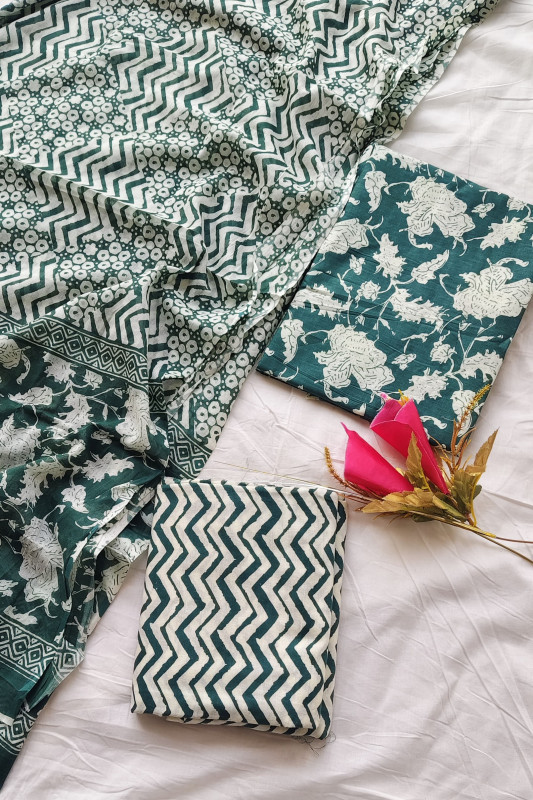 Dark Teal Green Hand  Printed Cotton unstitched suit Material for Women 2.5 Mtr top and 2.5 Mtr Bottom and 2.5 Mtr Dupatta