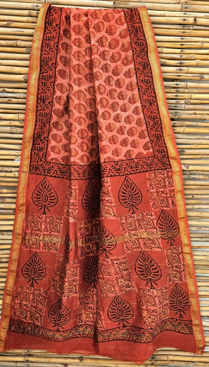 rust and beige Bagh hand-block printed silk-cotton blend saree with a gold zari border [1.1]