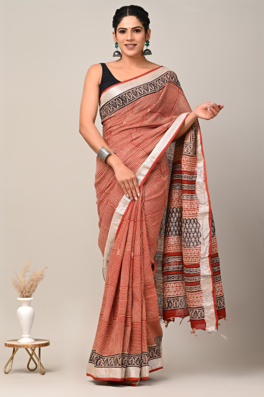 Terracotta Red Hand Block Print Linen Saree with Silver Border.