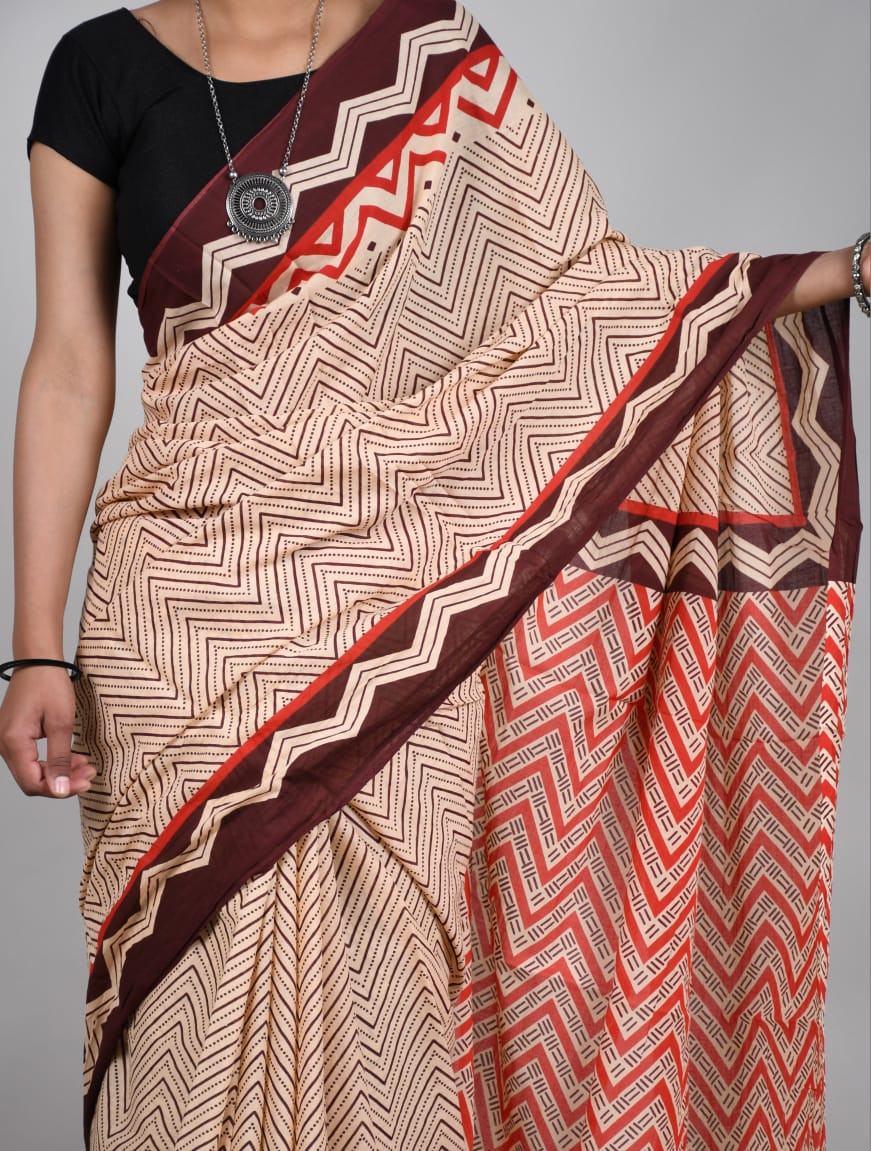 Beige and Brown Geometric Print Hand Block Cotton Mulmul Saree