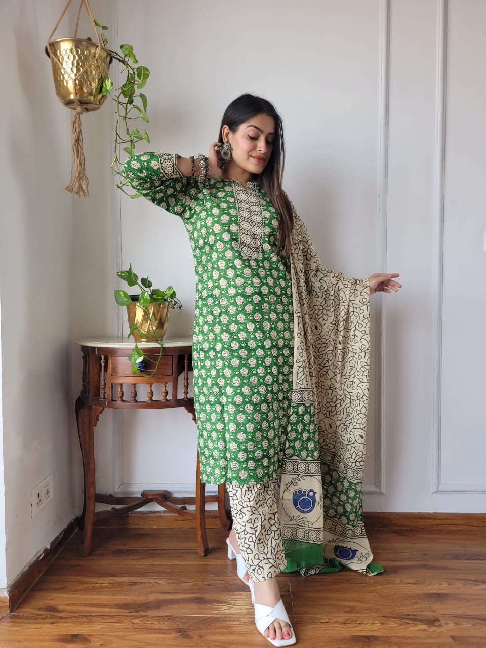 Green & Beige Hand Block Printed Cotton Suit Set
