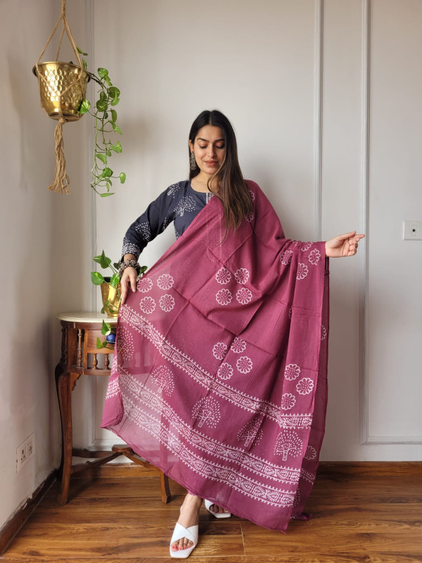 maroon block-printed cotton suit set (kurta, pants, and dupatta)