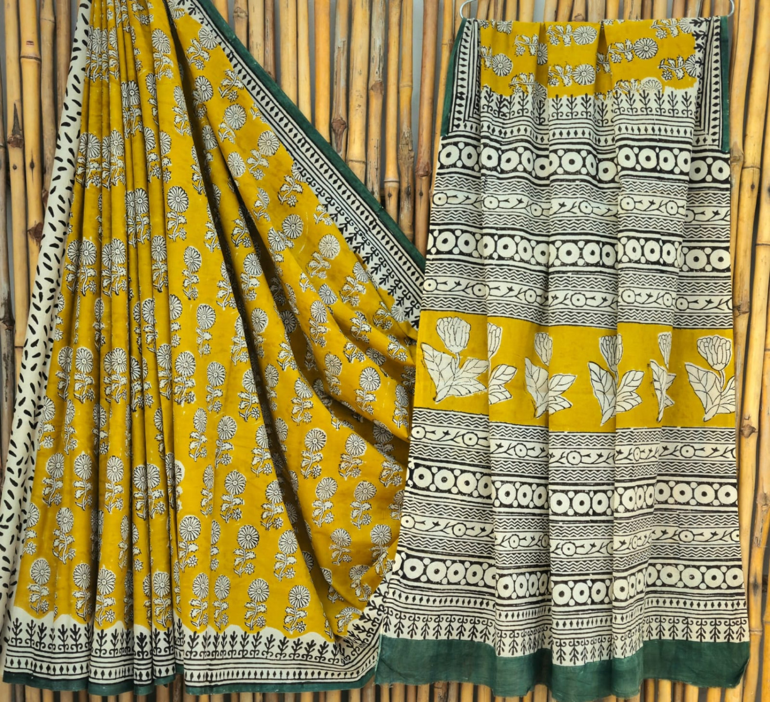 Mustard Yellow & Green Kalamkari Hand-Block Printed Mulmul Cotton Saree with Blouse (6.5 Meters, 92*80, 100% Pure Cotton Fabric)