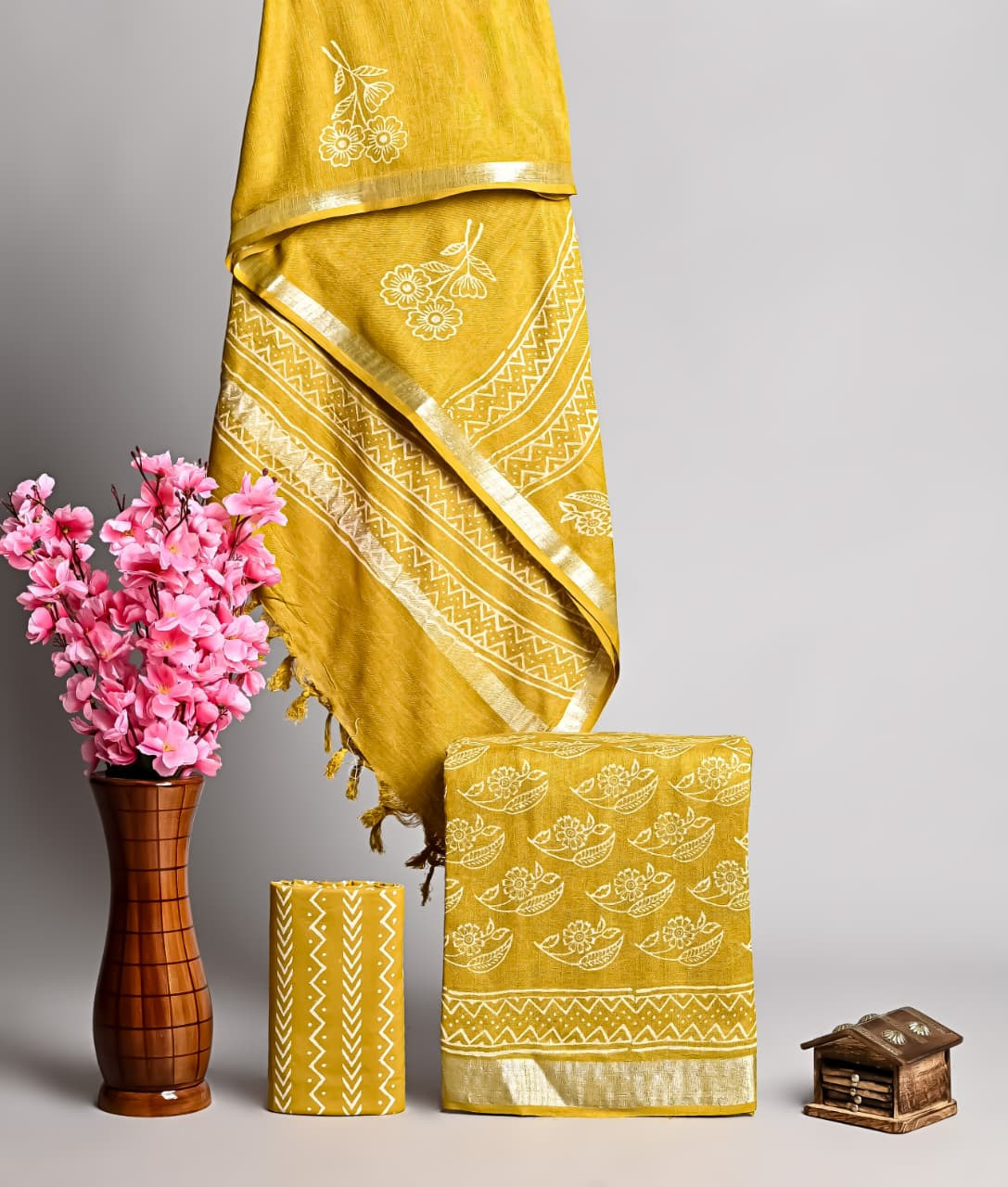 Mustard Yellow And Cream Floral Hand Block Printed Suit