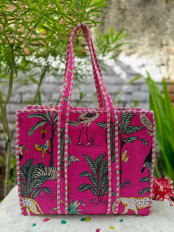 Pink Jungle Print Quilted Cotton Bag