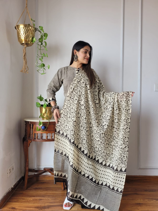 black and off-white floral block-printed cotton kurta set with a matching dupatta and pants