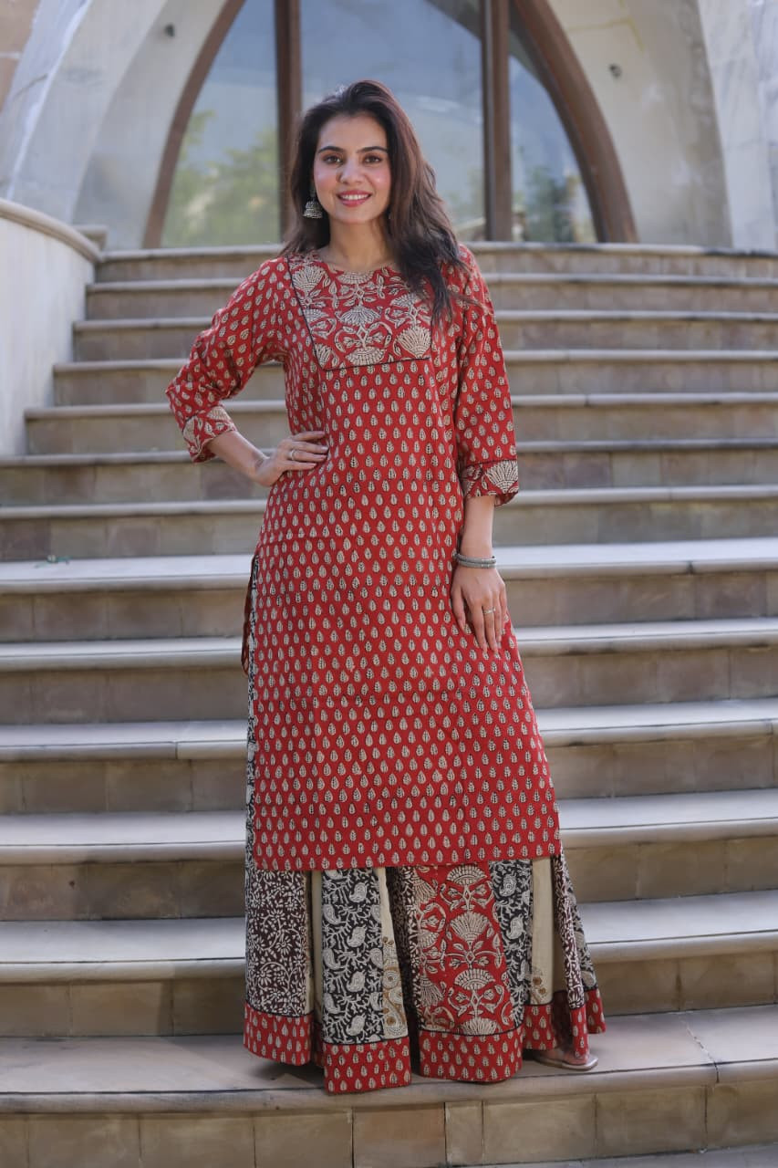 Red block-printed kurta and skirt