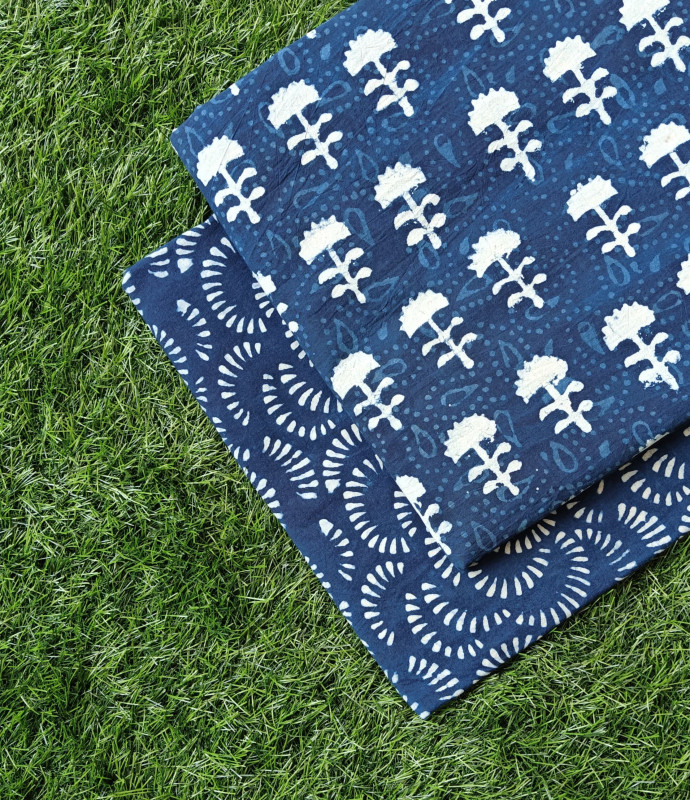 Indigo Blue 'Leafy & Circular Motif' Hand-Block Bagru Dabu Print Cotton (60/60) Cambric Suit Set – Top 2.50 MTR + Bottom 2.50 MTR