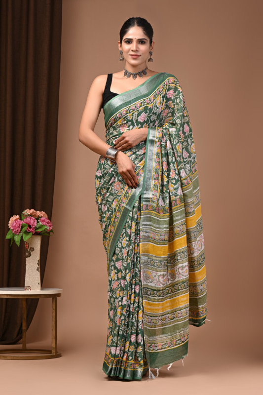 Green Hand Block Printed Linen Saree
