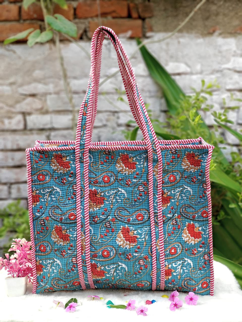 Teal Blue Floral Handblock Quilted  Bag