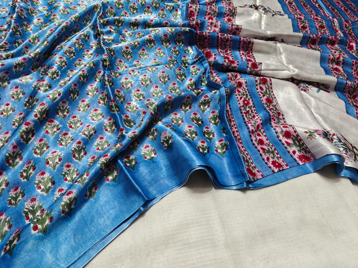 Blue Floral Hand Block Print jrakh Vanaspati Modal Silk Saree with printed blouse