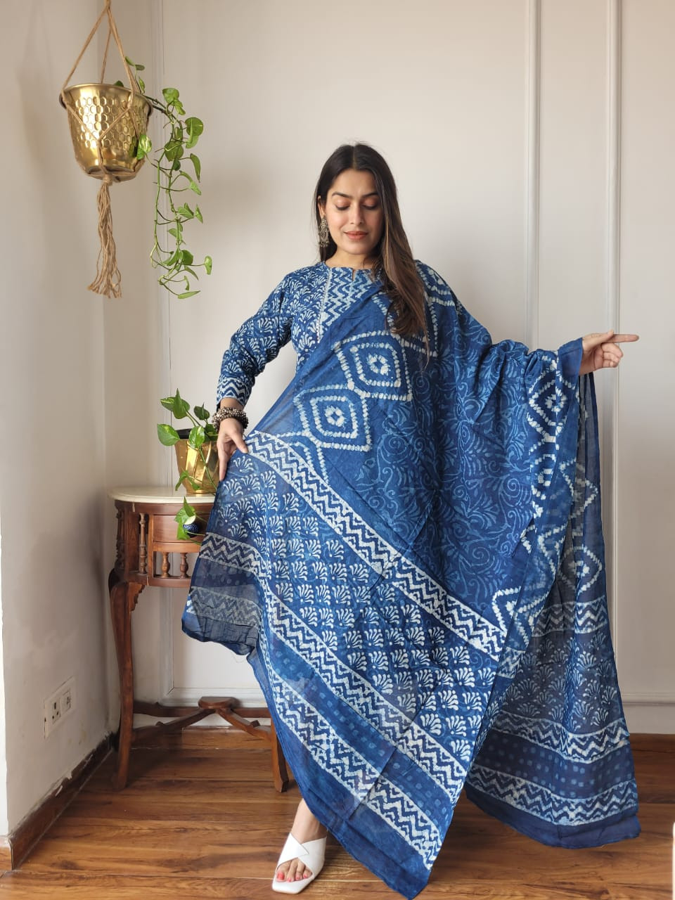 indigo blue and white hand block printed cotton kurta, pants, and dupatta suit set