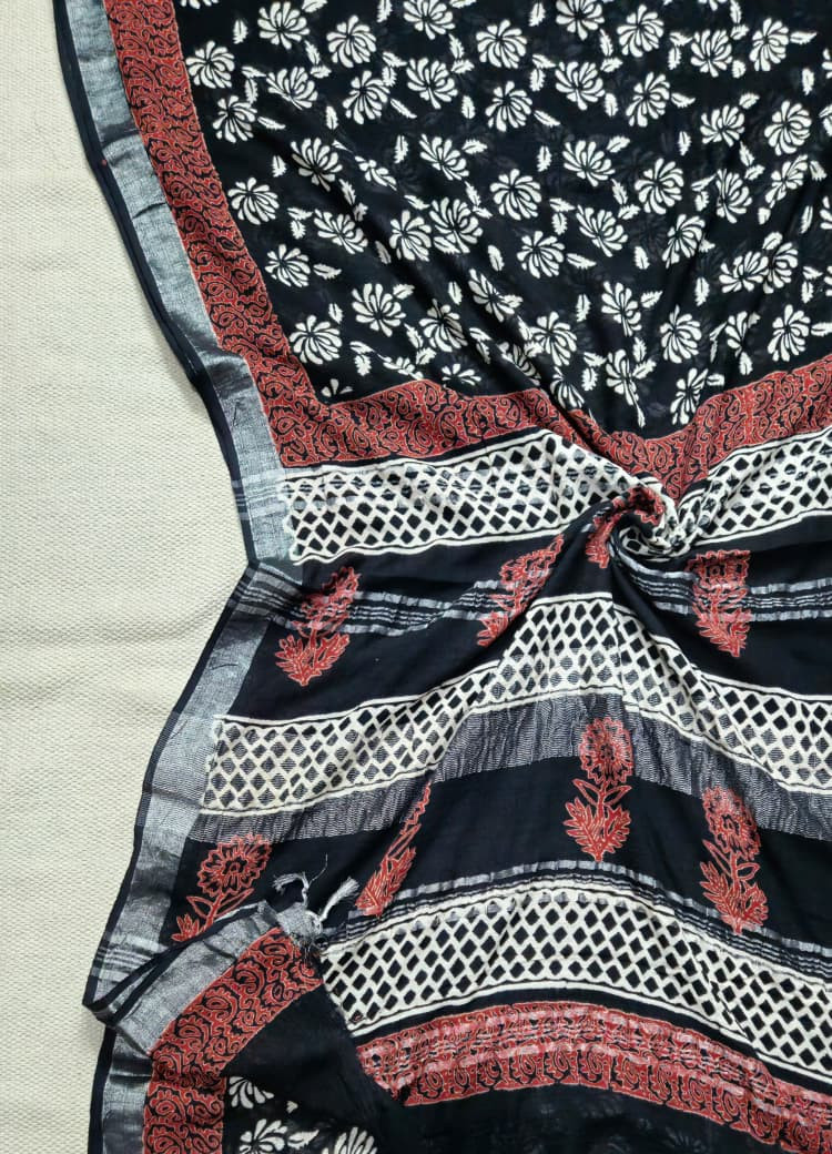 Pure block print chanderi silk saree Black bagru print