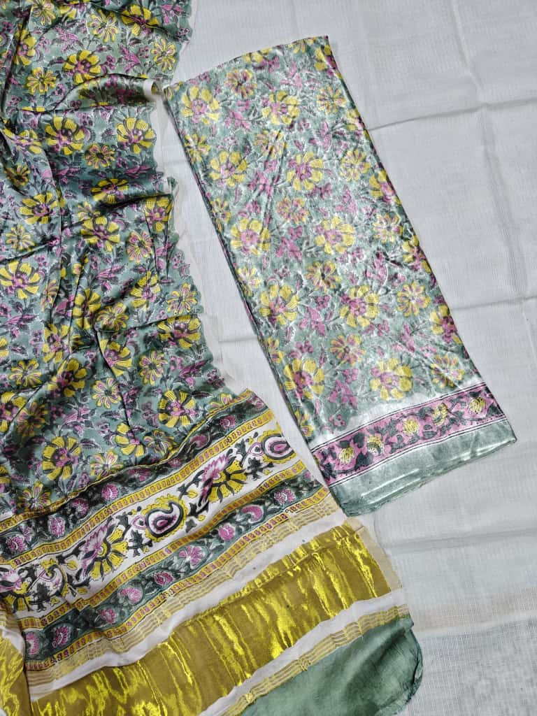 Grey/Teal Green Hand Block Printed Cotton Silk Blend Saree (साड़ी) or Unstitched Suit Material with a Gold Zari Border.
