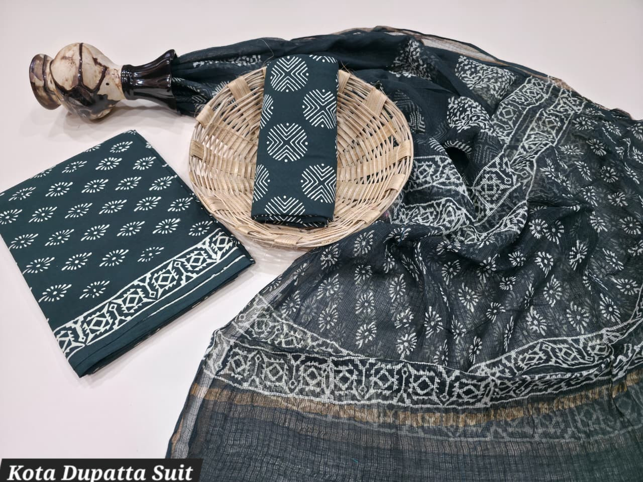 Black & White Dabu Hand Block Print Cotton Suit with a sheer Kota Doria Dupatta.