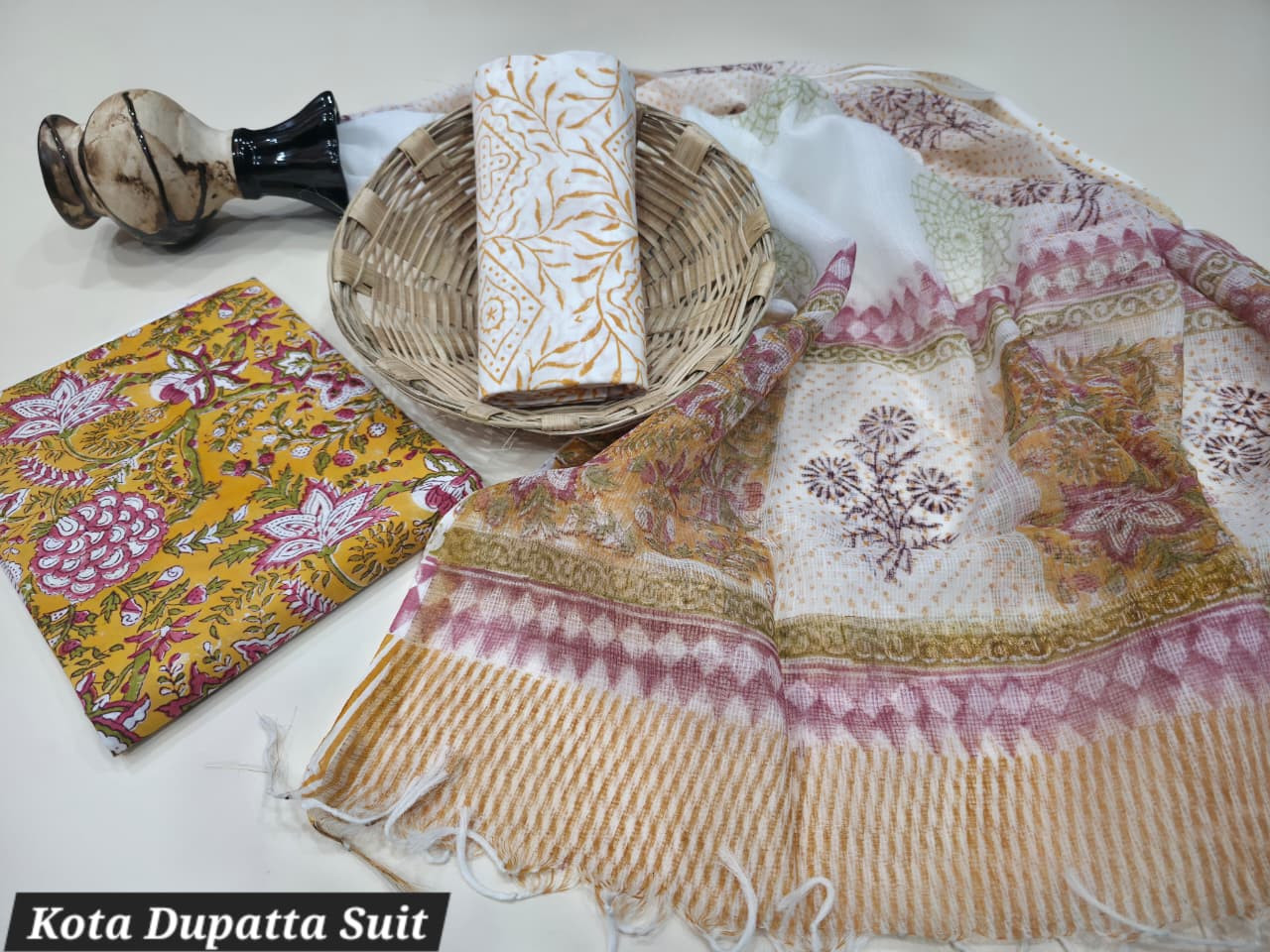 Yellow and Pink/Red Floral Hand Block Print Cotton Suit with Kota Doria Dupatta.