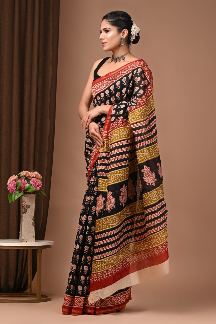 "Timeless Noir" Hand Block Printed Maheshwari Silk Saree with Blouse