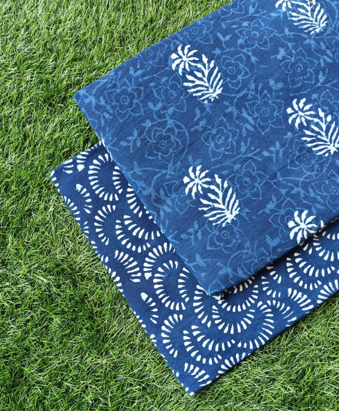 Indigo Blue 'Leafy Cluster & Circular Motif' Hand-Block Bagru Dabu Print Cotton (60/60) Cambric Suit Set – Top 2.50 MTR + Bottom 2.50 MTR